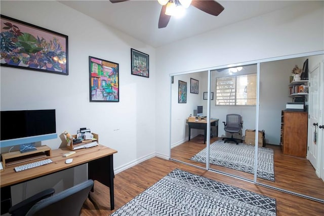 office area with ceiling fan and wood-type flooring