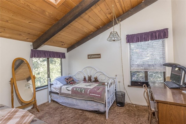 bedroom featuring carpet flooring, vaulted ceiling with beams, and wooden ceiling