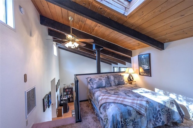 carpeted bedroom featuring wood ceiling and lofted ceiling with beams