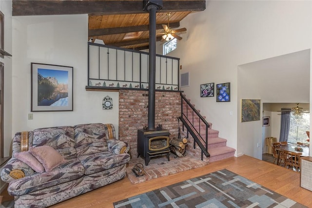 living room with a wood stove, hardwood / wood-style floors, wooden ceiling, and ceiling fan