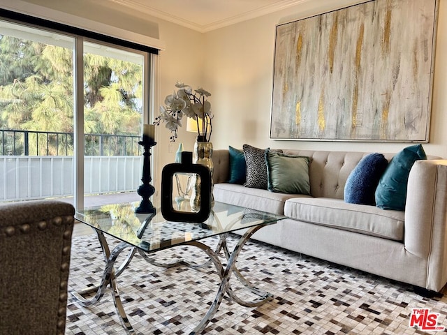 living room featuring ornamental molding