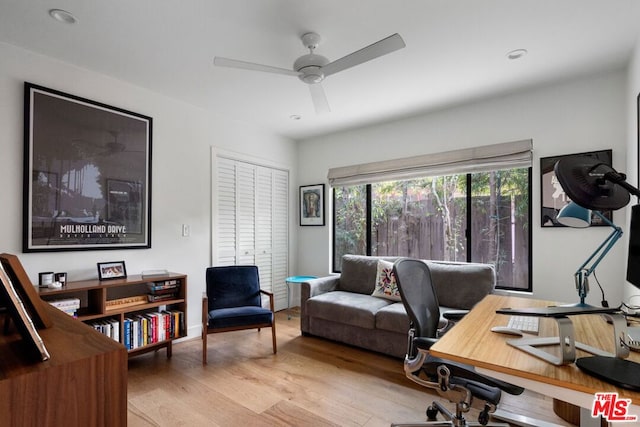 office featuring ceiling fan and light wood-type flooring