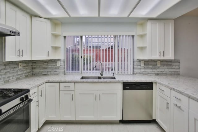 kitchen with white cabinetry, sink, decorative backsplash, light stone counters, and stainless steel appliances