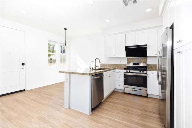 kitchen featuring appliances with stainless steel finishes, sink, white cabinets, hanging light fixtures, and kitchen peninsula