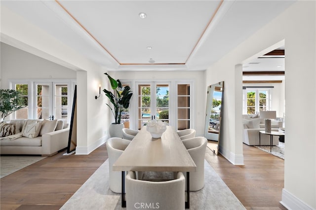 dining space featuring a tray ceiling, hardwood / wood-style floors, and french doors