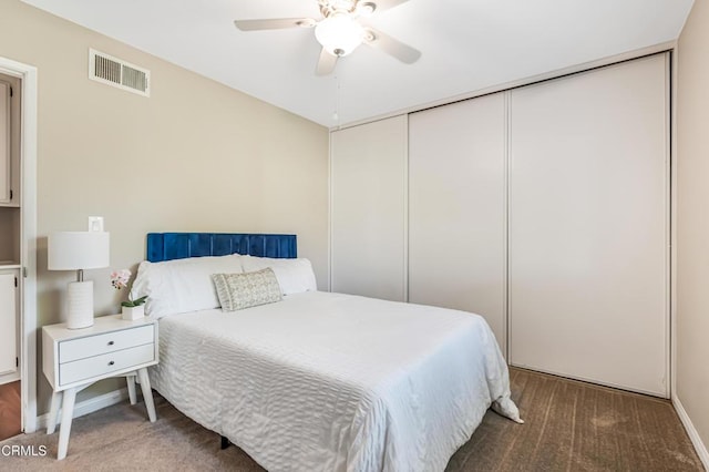 bedroom with ceiling fan and a closet