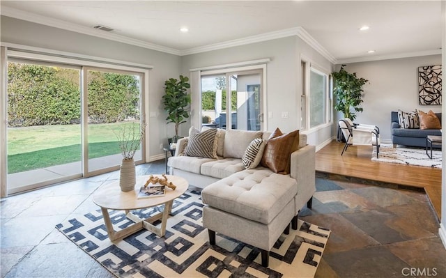 living room featuring ornamental molding