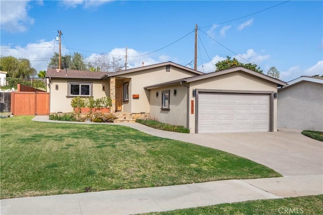 ranch-style home with a garage and a front yard