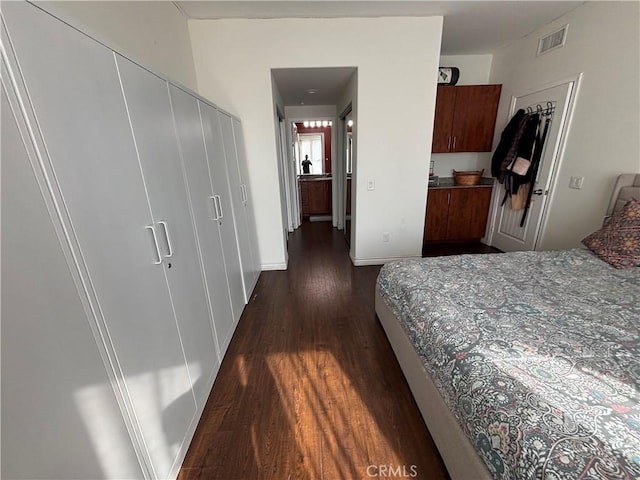 bedroom featuring dark wood-type flooring and a closet