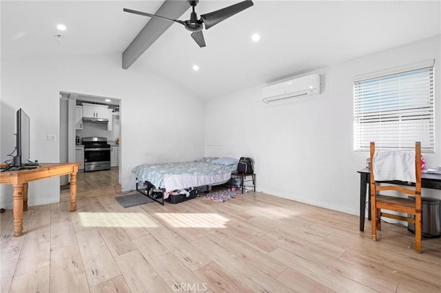 bedroom featuring lofted ceiling with beams, light hardwood / wood-style floors, an AC wall unit, and ceiling fan