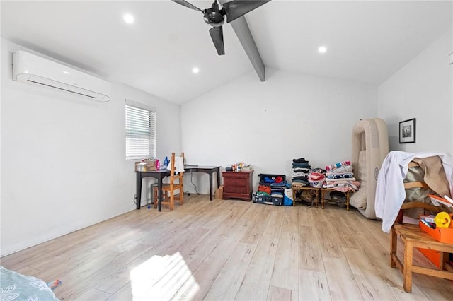 interior space with ceiling fan, a wall mounted air conditioner, light hardwood / wood-style floors, and vaulted ceiling with beams