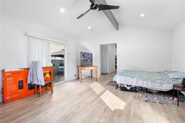 bedroom with vaulted ceiling with beams, access to exterior, ceiling fan, and light hardwood / wood-style flooring