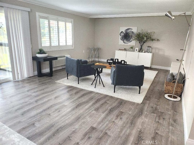 living room featuring hardwood / wood-style flooring and ornamental molding