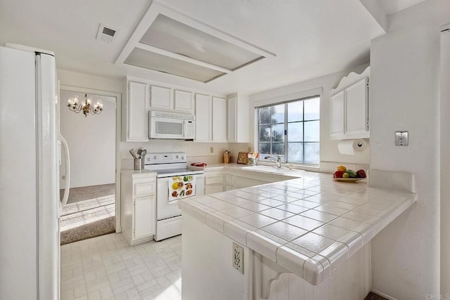 kitchen with white cabinetry, sink, tile counters, kitchen peninsula, and white appliances