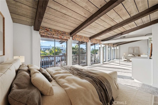 bedroom with access to exterior, lofted ceiling with beams, light carpet, and wooden ceiling