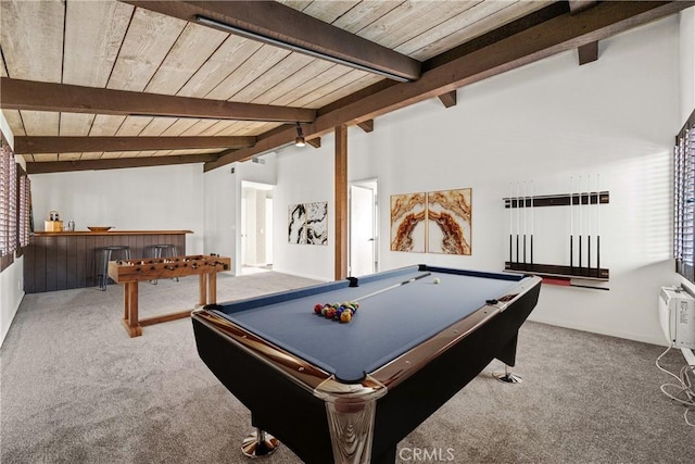 recreation room with wood ceiling, plenty of natural light, lofted ceiling with beams, and carpet