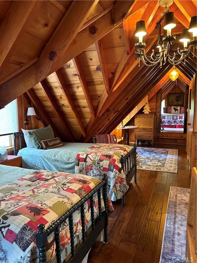 bedroom featuring wood ceiling, lofted ceiling with beams, dark hardwood / wood-style flooring, a chandelier, and wood walls