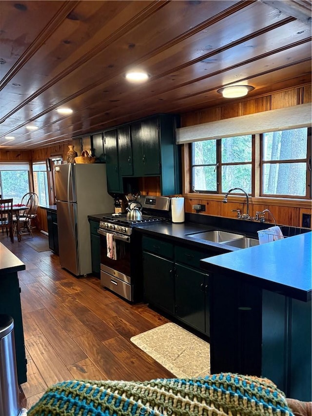 kitchen featuring wood ceiling, a healthy amount of sunlight, appliances with stainless steel finishes, and dark hardwood / wood-style flooring