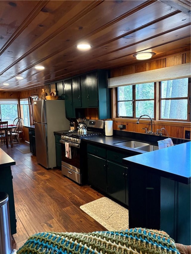 kitchen with dark wood-style floors, plenty of natural light, appliances with stainless steel finishes, and wood ceiling