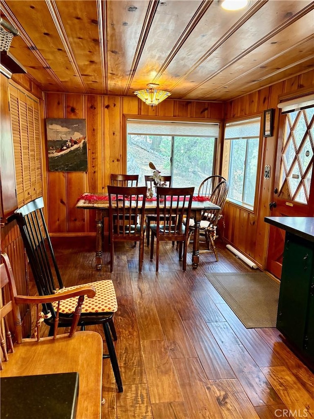dining space with wood-type flooring, wooden ceiling, and wood walls