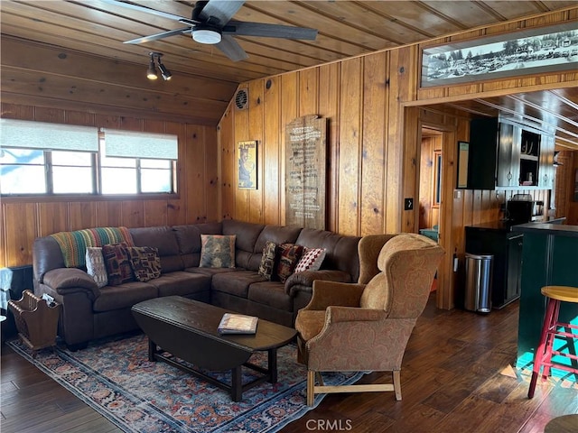 living area featuring wood ceiling, dark wood-style flooring, and wood walls