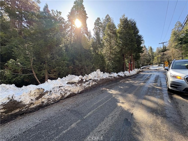 view of road with a wooded view