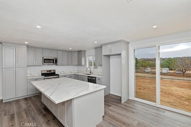 kitchen with sink, gray cabinetry, light stone counters, a kitchen island, and stainless steel appliances