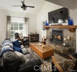 living room featuring lofted ceiling and ceiling fan