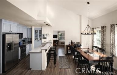 kitchen featuring appliances with stainless steel finishes, lofted ceiling, a chandelier, hanging light fixtures, and dark wood-type flooring