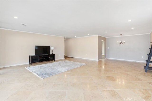 unfurnished living room with crown molding, a chandelier, and light tile patterned flooring