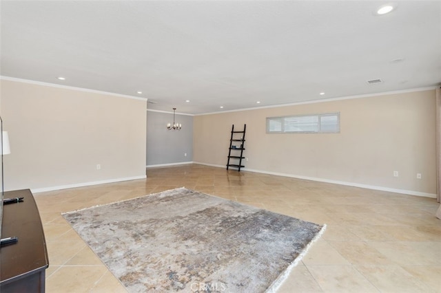 unfurnished room with crown molding, light tile patterned floors, and an inviting chandelier