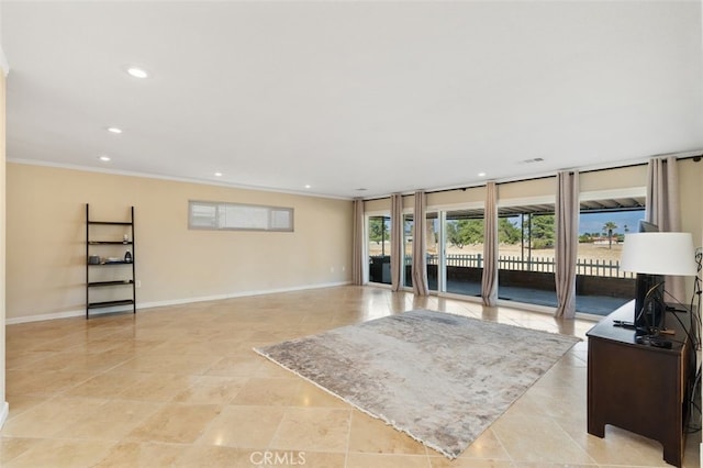 living room featuring crown molding and light tile patterned flooring