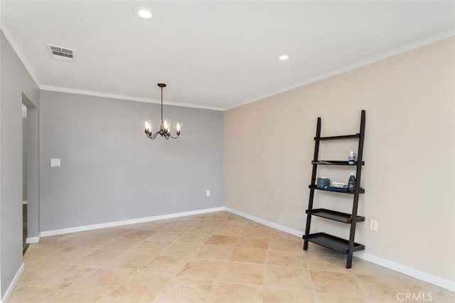 tiled empty room featuring ornamental molding and an inviting chandelier