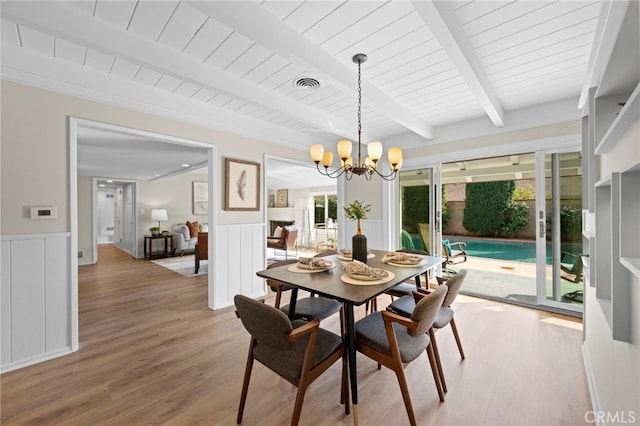 dining space with beamed ceiling, wood ceiling, an inviting chandelier, and hardwood / wood-style floors