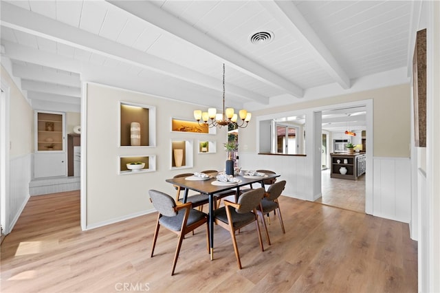 dining space featuring a chandelier, wood ceiling, beam ceiling, and light hardwood / wood-style floors