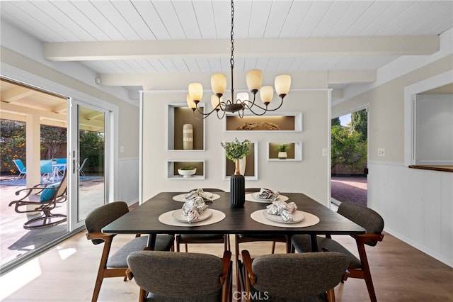 dining space featuring wood ceiling, a notable chandelier, beam ceiling, and hardwood / wood-style flooring