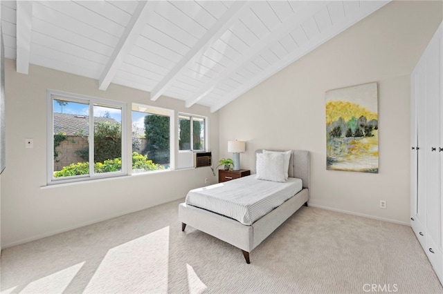 bedroom featuring wood ceiling, lofted ceiling with beams, and light carpet