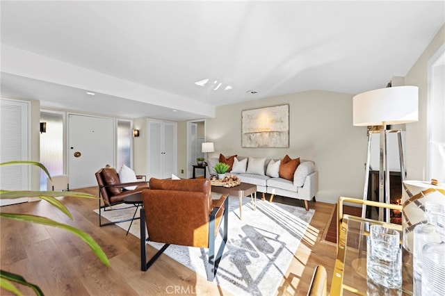 living room with a fireplace and light hardwood / wood-style floors