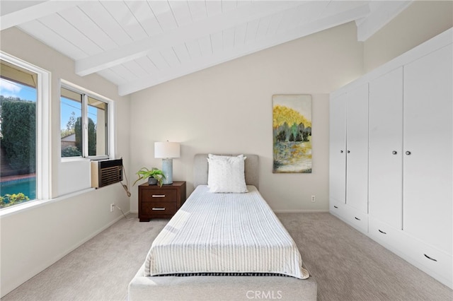 bedroom featuring light carpet, vaulted ceiling with beams, cooling unit, and wooden ceiling