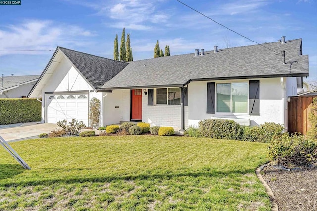 ranch-style house with a garage and a front lawn