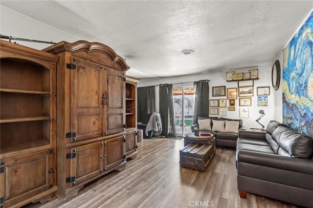 living room featuring light hardwood / wood-style flooring and a textured ceiling