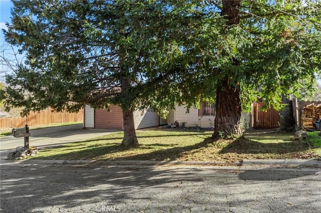 obstructed view of property with a front lawn