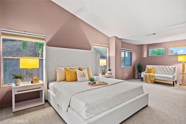 bedroom featuring vaulted ceiling and carpet floors