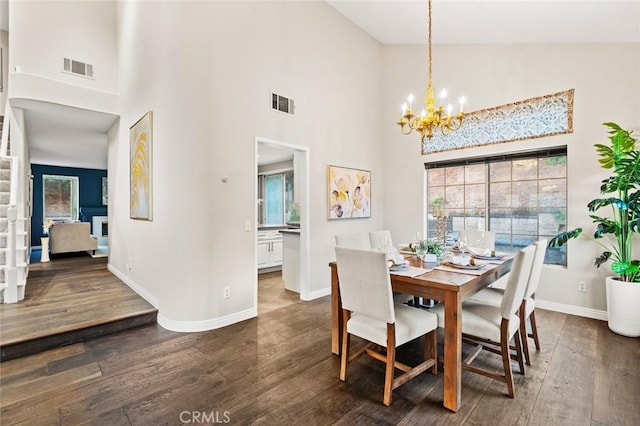 dining space featuring plenty of natural light, dark wood-type flooring, and a chandelier