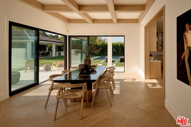 sunroom / solarium with beamed ceiling and coffered ceiling