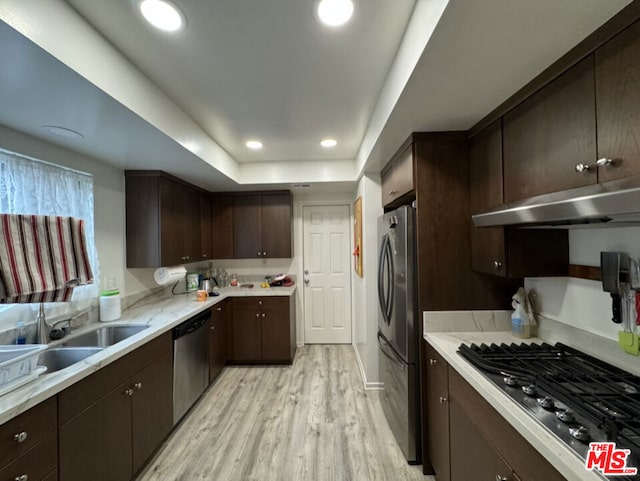 kitchen with sink, dark brown cabinets, light wood-type flooring, appliances with stainless steel finishes, and a tray ceiling