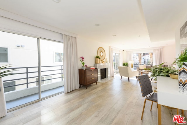 dining space with a premium fireplace and light hardwood / wood-style flooring