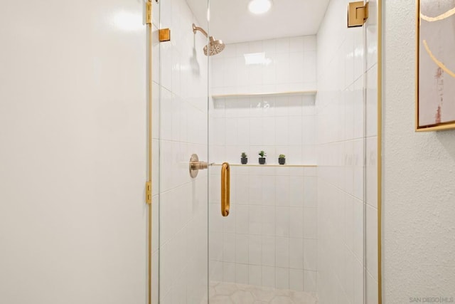 bathroom featuring a shower with shower door