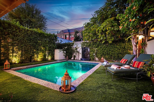 pool at dusk with a lawn