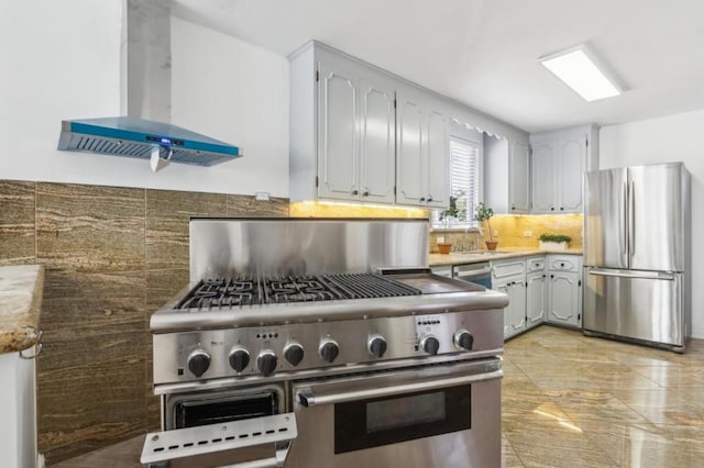 kitchen featuring appliances with stainless steel finishes, sink, extractor fan, and decorative backsplash